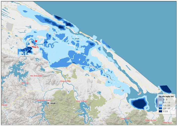 Bản đồ nguy cơ ngập lụt hạ lưu sông Bồ, sông Hương (TP Huế). (Nguồn: NCHMF)