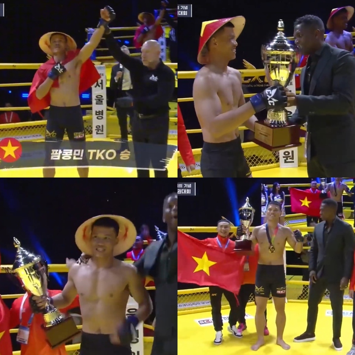 Phạm Công Minh ăn mừng chiến thắng với nón lá và Quốc kỳ Việt Nam