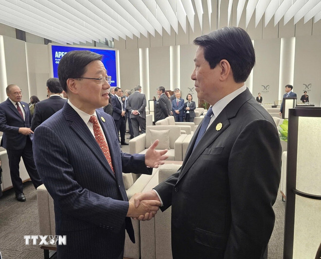 Chủ tịch nước Lương Cường gặp Trưởng đoàn Hong Kong (Trung Quốc) Lý Gia Siêu. (Ảnh: TTXVN phát)