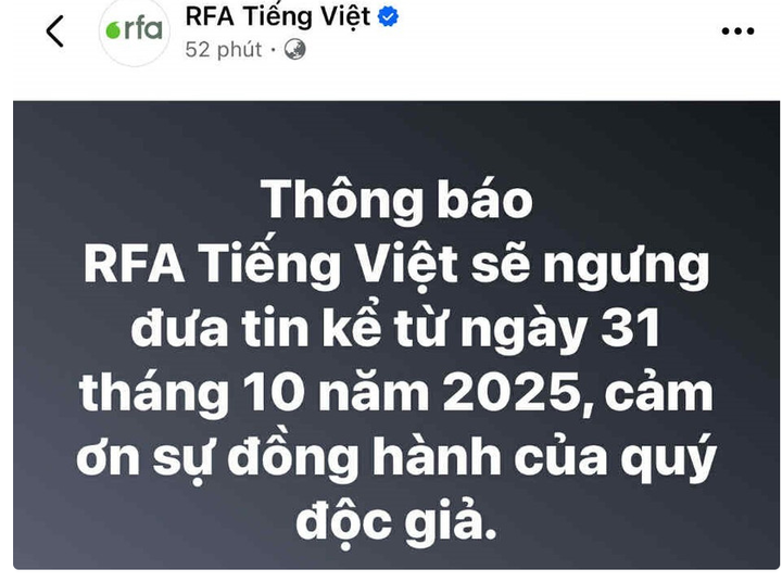 Thông báo tạm ngừng hoạt động của RFA tiếng Việt.