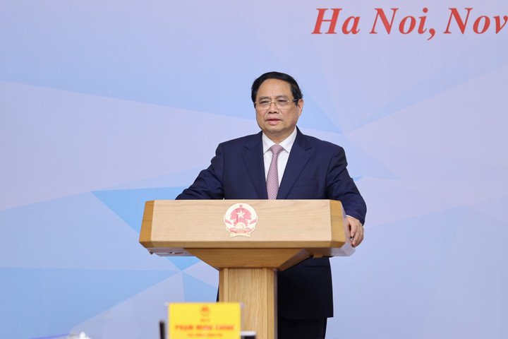 Thủ tướng Phạm Minh Chính phát biểu tại Hội nghị về thành lập Trung tâm tài chính quốc tế tại Việt Nam. (Ảnh: VGP/Nhật Bắc)