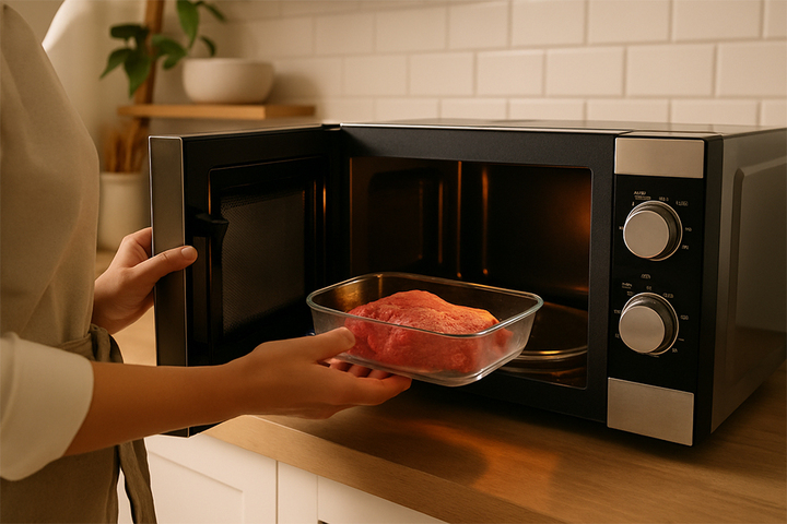 Rã đông thịt bằng lò vi sóng giúp tiết kiệm thời gian.