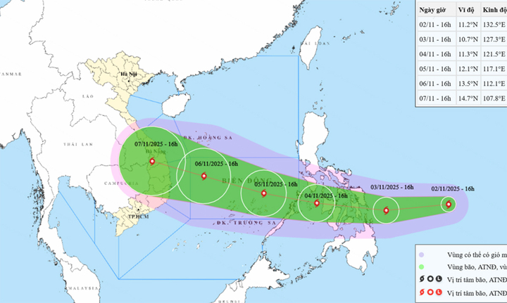 Bản đồ dự báo đường đi, khu vực ảnh hưởng của bão Kalmaegi. (Nguồn: NCHMF)