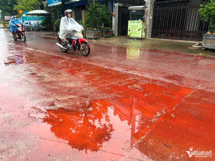 Tuyến đường gần khu vực Ga Lưu Xá đổi thành màu đỏ khi bị lớp chất lỏng phủ kín, một số vị trí đọng thành vũng.