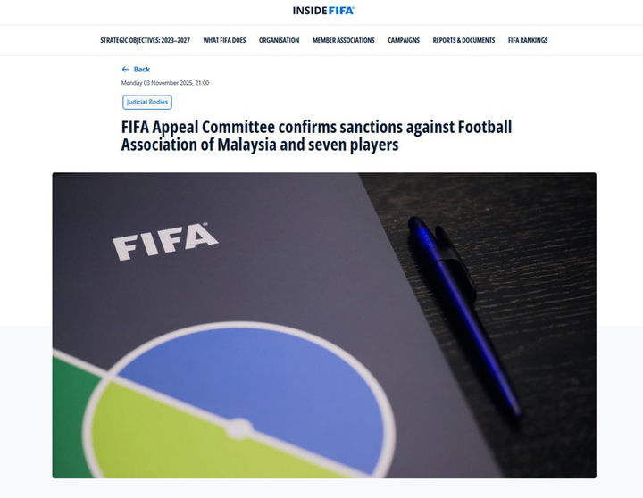 Ủy ban Kháng cáo của FIFA xác nhận án phạt đối với Liên đoàn Bóng đá Malaysia và 7cầu thủ nhập tịch