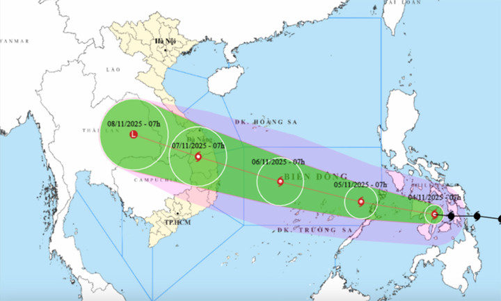 Bản đồ dự báo đường đi, khu vực ảnh hưởng của bão bão Kalmaegi. (Nguồn: NCHMF)