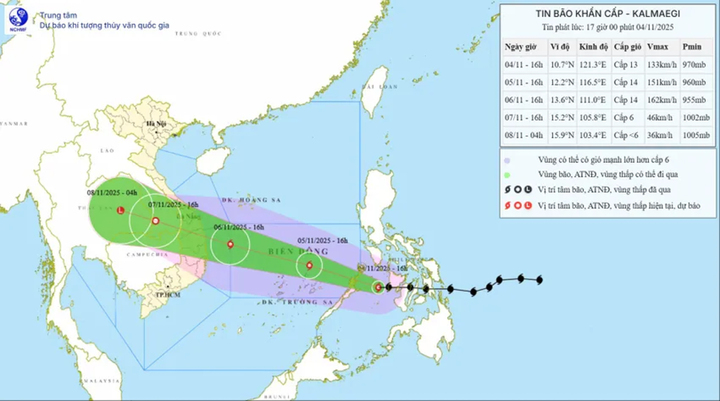 Dự báo hướng đi và vùng ảnh hưởng của bão Kalmaegi, chiều 4/11. (Ảnh: NCHMF)