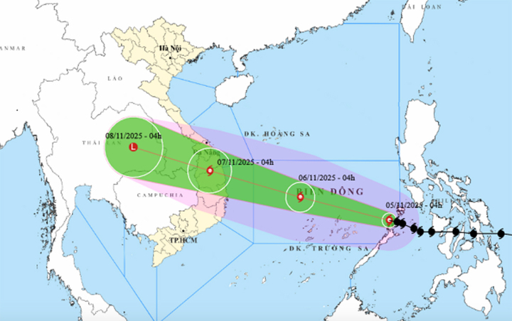 Bản đồ dự báo đường đi, khu vực ảnh hưởng của bão số 13 Kalmaegi. (Nguồn: NCHMF)