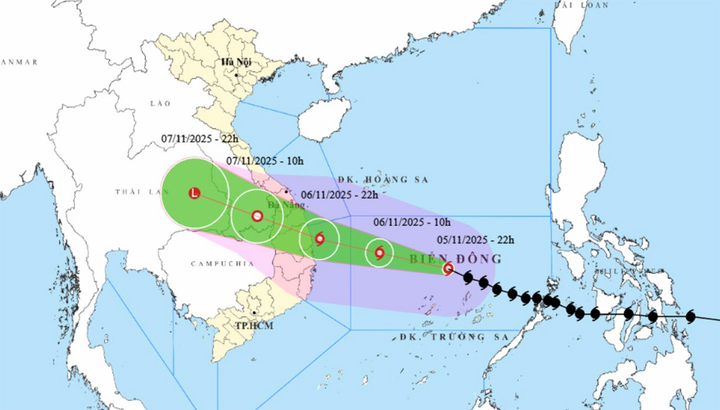 Bản đồ dự báo đường đi, khu vực ảnh hưởng của bão số 13. (Nguồn: NCHMF)