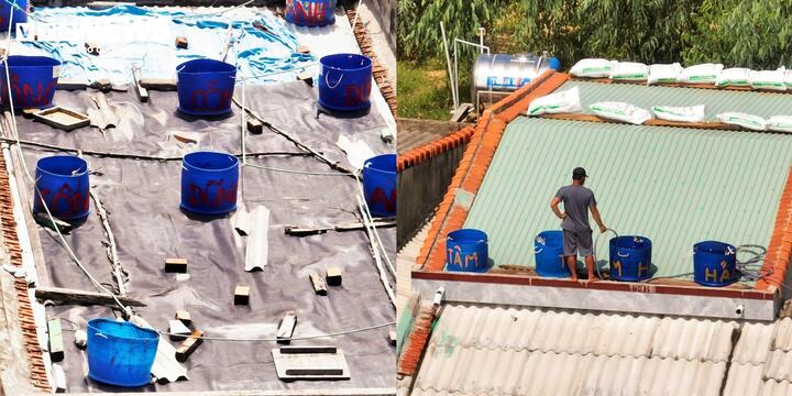 Ngoài các bao cát, ngư dân làng chài còn tận dụng tất cả các vật dụng, thiết bị liên quan đến nghề biển để chứa nước, tạo sức nặng chằng chống cho mái nhà. Những thùng phi xanh cắt làm đôi, chuyên dùng đựng cá biển được ngư dân đổ đầy nước gia cố mái nhà.