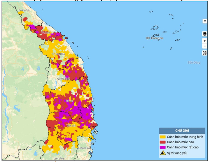 Bản đồ nguy cơ lũ quét, sạt lở đất đá tại miền Trung. (Nguồn: NCHMF)