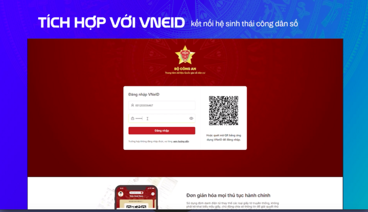 Národní právní portál je integrován s VNeID, což uživatelům umožňuje přihlásit se pomocí elektronické identifikace a sledovat právní obsah v aplikaci digitálního občana nebo přistupovat k portálu z aplikace VNeID.