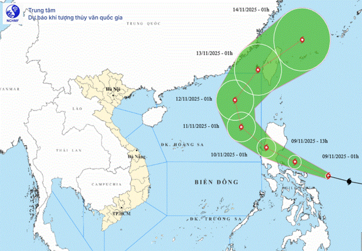 Bản đồ dự báo đường đi, khu vực ảnh hưởng của bão Fung - Wong. (Nguồn: NCHMF)