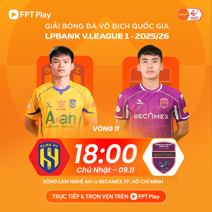 SLNA đấu với Becamex TP.HCM ở vòng 11 V.League 2026-2026.