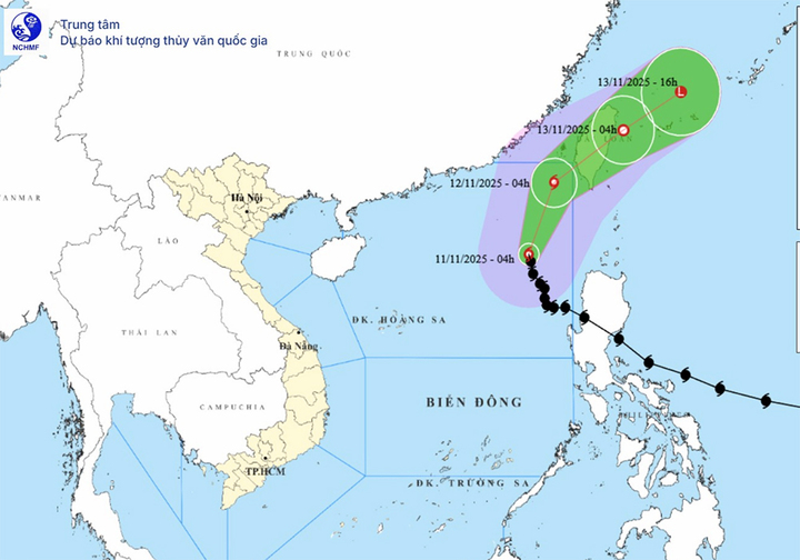 Bản đồ dự báo đường đi, khu vực ảnh hưởng của bão số 14 Fung - Wong. (Nguồn: NCHMF)