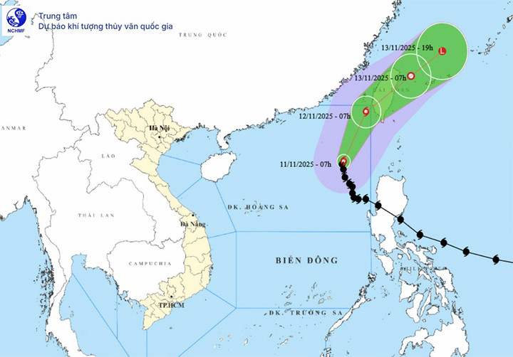 Bản đồ dự báo đường đi, khu vực ảnh hưởng của bão số 14 Phượng Hoàng. (Nguồn:NCHMF)