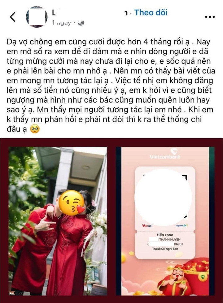 Hình ảnh bài đăng đòi tiền mừng cưới được cộng đồng mạng chia sẻ. (Ảnh: Khóc Thuê)