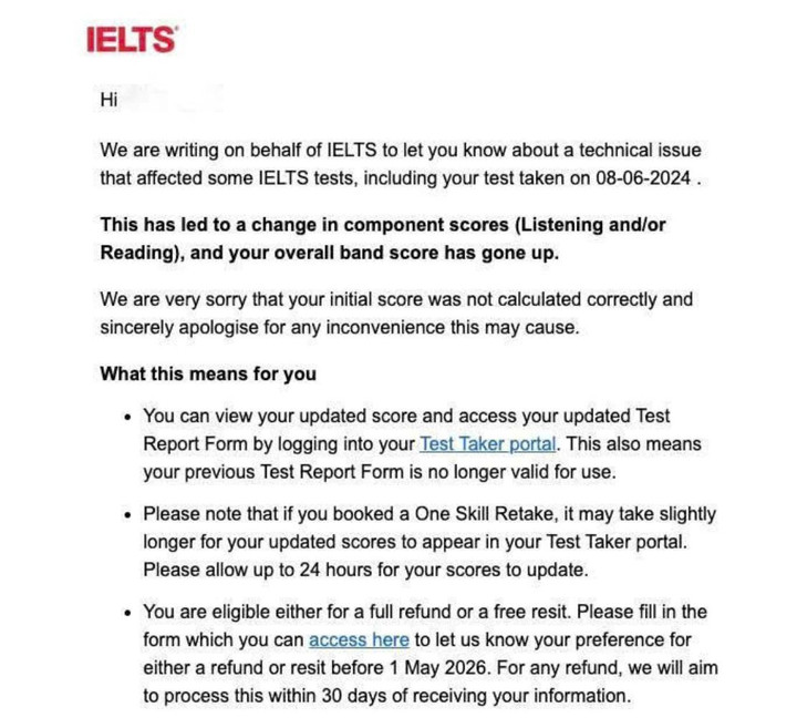 Email Hoàng Anh nhận được về việc thay đổi kết quả thi IELTS. Ảnh: NVCC
