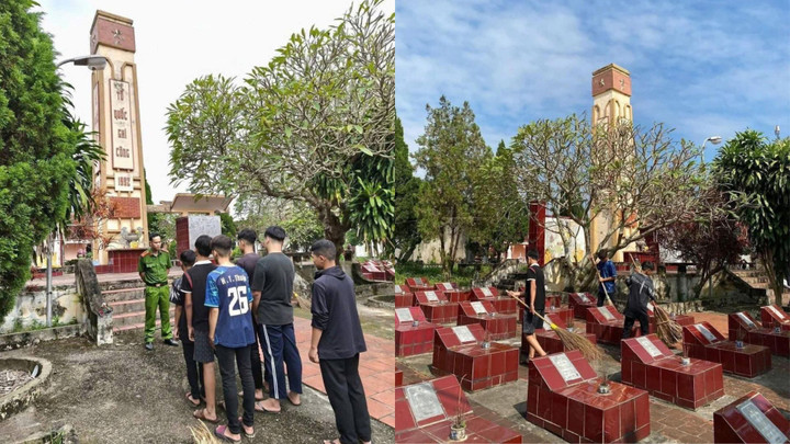 Các thành phần thanh thiếu niên bất hảo tại xã Bình Phú, Phú Thọ quét dọn, vệ sinh, dọn dẹp khuôn viên nghĩa trang. (Nguồn: Công an xã Bình Phú, tỉnh Phú Thọ)