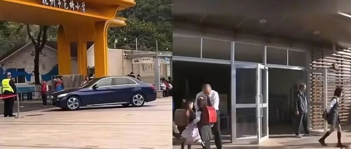 Ô tô đi vào trường tiểu học. (Ảnh: Douyin)