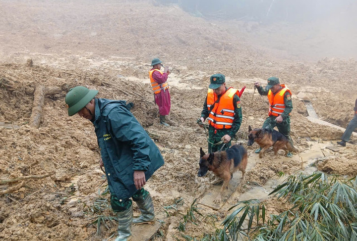 Đến sáng sớm 16/11, hàng trăm cán bộ, chiến sĩ cùng chó nghiệp vụ tiếp cận hiện trường vụ sạt lở núi kinh hàng ở thôn Pứt. (Ảnh: B.P)