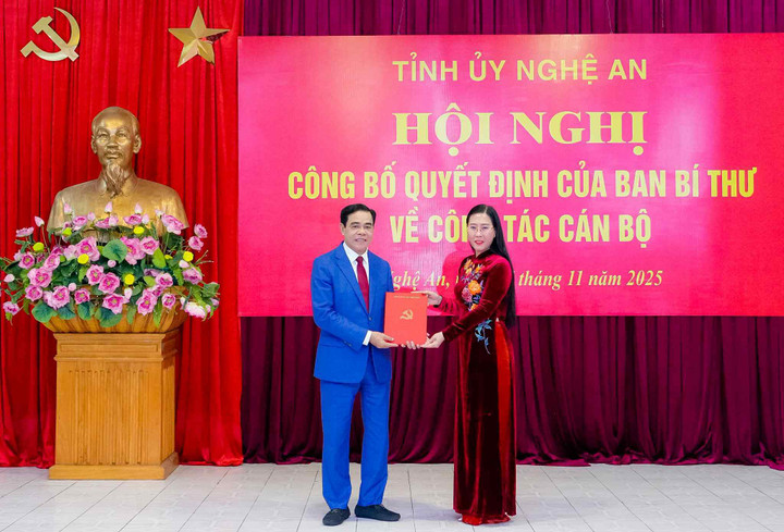 Bà Bùi Thị Quỳnh Vân - Phó Trưởng ban Tổ chức Trung ương trao quyết định cho tân Phó Bí thư Võ Trọng Hải (Ảnh: Báo Nghệ An)