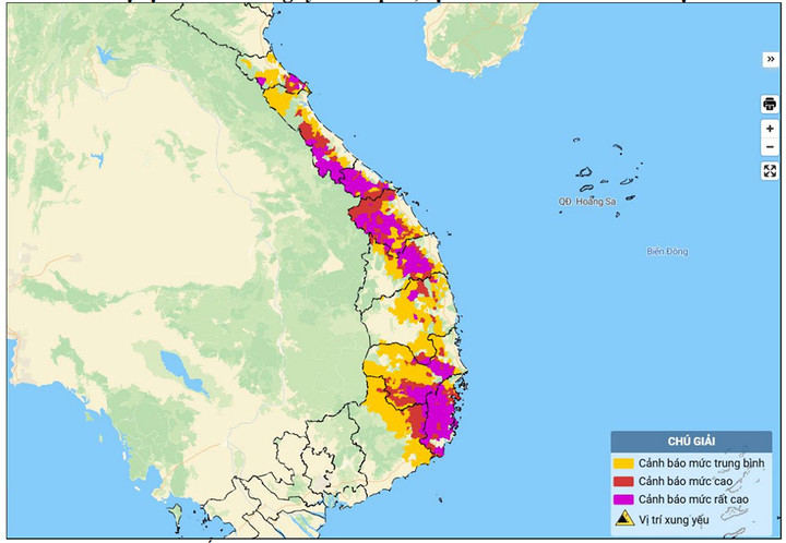 Bản đồ nguy cơ lũ quét, sạt lở đất đá trên các khu vực. (Nguồn: NCHMF)