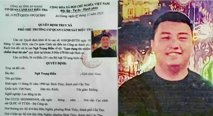 Công an An Giang truy nã Ngũ Trọng Hiền. (Ảnh: CACC)