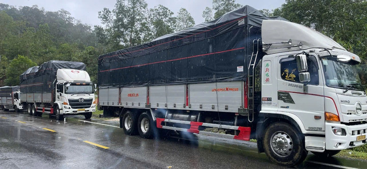 Hai xe tải chở hoa của nhà xe Thanh Thủy bị kẹt trên đèo Khánh Lê do sạt lở suốt 2 ngày qua.