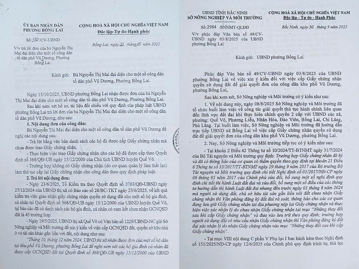 Văn bản của UBND phường Bồng Lai và Sở Nông nghiệp và Môi trường tỉnh Bắc Ninh trả lời người dân khu phố Vũ Dương.