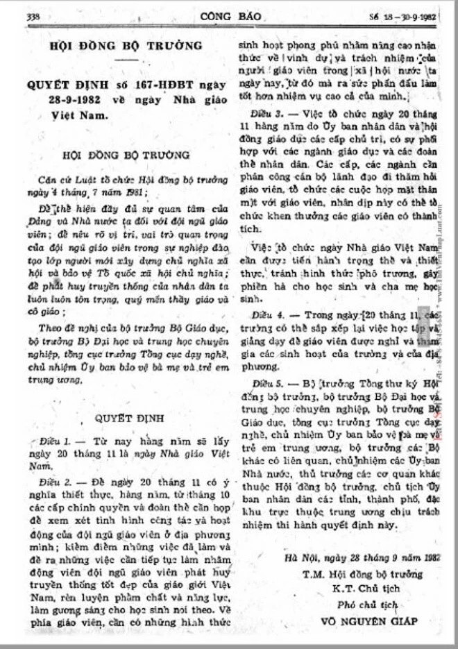 Hội đồng Bộ trưởng ban hành Quyết định số 167/HĐBT, quyết định lấy ngày 20/11 hằng năm là Ngày Nhà giáo Việt Nam. (Ảnh: Tư liệu)