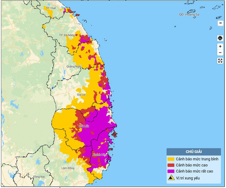 Bản đồ nguy cơ lũ quét, sạt lở đất đá trên các khu vực. (Nguồn: NCHMF)