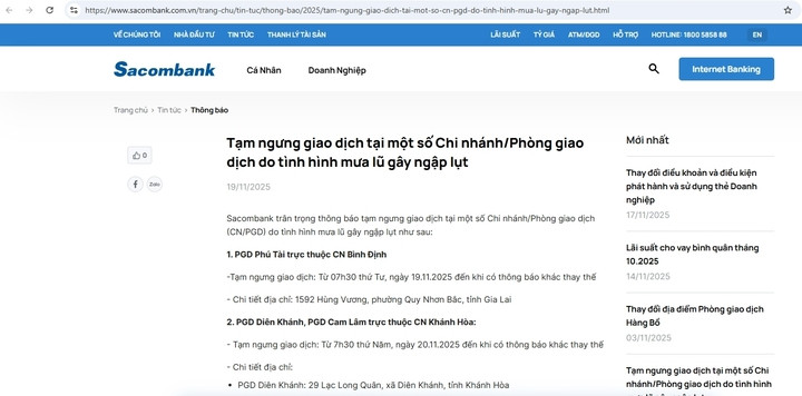 Thông báo của Samcombank. (Ảnh chụp màn hình)