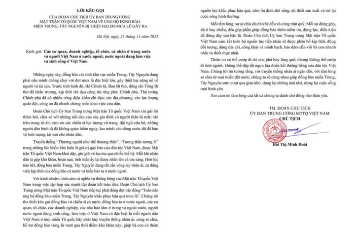 Đoàn Chủ tịch Ủy ban Trung ương MTTQ Việt Nam ra lời kêu gọi ủng hộ đồng bào miền Trung, Tây Nguyên bị thiệt hại do mưa lũ gây ra. (Ảnh: Mattran.org.vn)