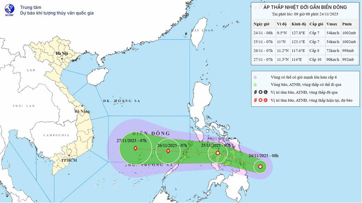 Áp thấp nhiệt đới có thể mạnh thành bão khi vào Biển Đông, hướng về Nam Trung Bộ