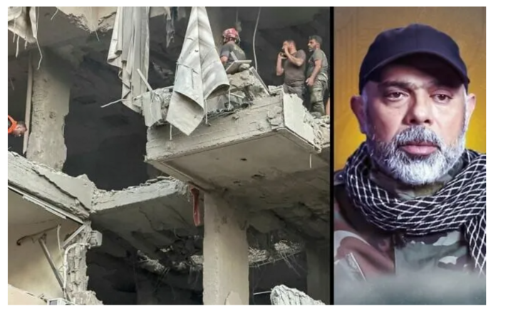 Hiện trường vụ không kích của Israel vào ngoại ô thủ đô Beirut (Lebanon) ngày 23-11 (trái) và chân dung chỉ huy quân sự Hezbollah Ali Tabatabai. Ảnh: Hezbollah Media Office