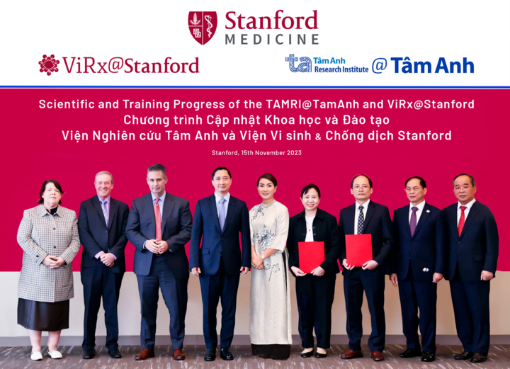 Viện Nghiên cứu Tâm Anh, Hệ thống Bệnh viện Đa khoa Tâm Anh cùng Viện Nghiên cứu Vi sinh và Chống dịch của Đại học Stanford trong lễ công bố hợp tác về đào tạo xét nghiệm viêm gan D vào 15/11/2023. (Ảnh: BVĐK Tâm Anh)