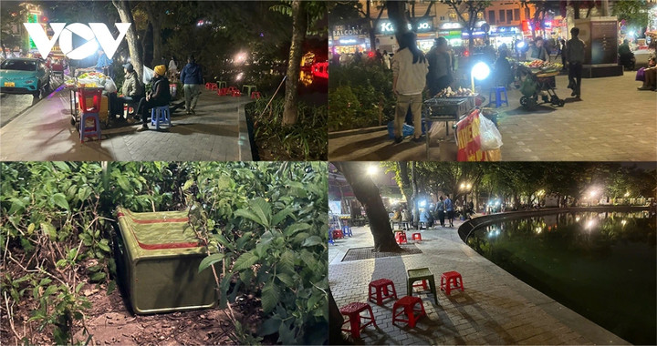 Bàn ghế nhựa đặt giấu trong khu vực vườn hoa, phá vỡ cảnh quan vốn sạch đẹp của hồ.