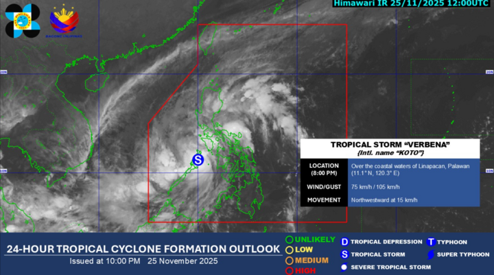 Bão Nhiệt đới với tên quốc tế là ‘Koto’ và đang được theo dõi trong Vùng Nhận diện Thiên tai của Philippines, tính đến 22h ngày 25/11/2025. Ảnh: GMA Integrated News