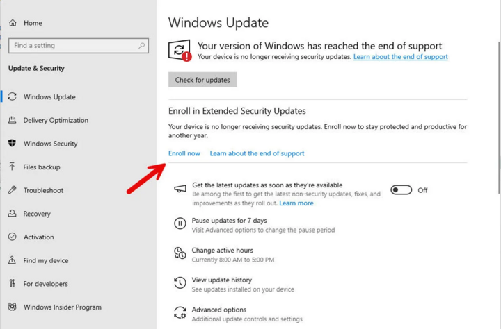 Trên thiết bị cá nhân chạy phiên bản Windows 10 mới nhất, bạn sẽ tìm thấy liên kết này để đăng ký Cập nhật bảo mật mở rộng. (Nguồn: ZDNET)