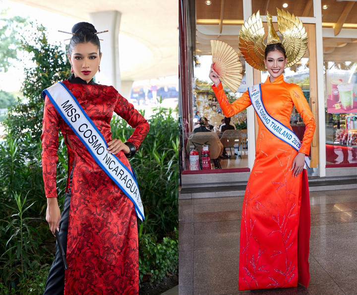 Nhiều thí sinh chọn mặc áo dài khi tới Việt Nam tham dự Miss Cosmo 2025.