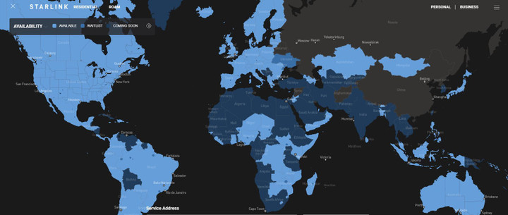 Mapa do serviço Starlink. (Azul claro indica serviço disponível, azul escuro indica serviço em fase de implantação)