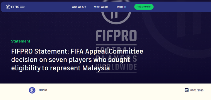 Liên đoàn Cầu thủ Chuyên nghiệp Thế giới (FIFPRO) trong tuyên bố chính thức về quyết định giữ nguyên án treo giò với 7 cầu thủ nhập tịch gian lận Malaysia.