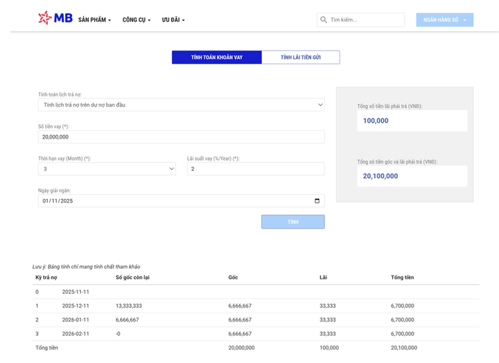 Công cụ tính lãi online của ngân hàng MB.