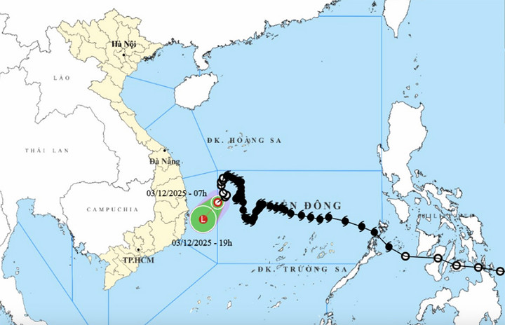 Bản đồ dự báo đường đi, khu vực ảnh hưởng của áp thấp nhiệt đới. (Nguồn: NCHMF)