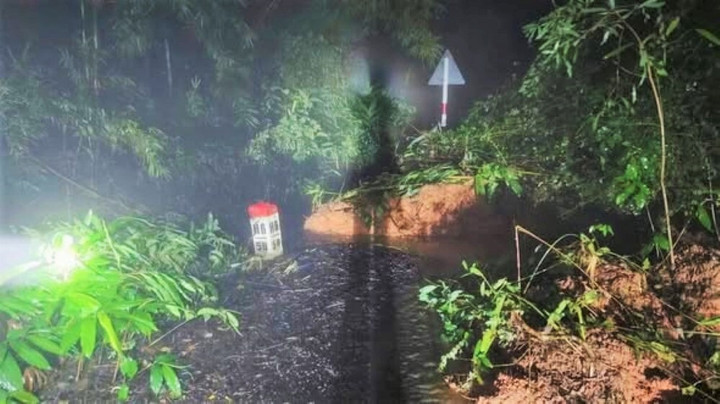 Hiện trường khối lượng lớn cây rừng, đất đá bị sạt lở trên tuyến đèo Gia Bắc. (Ảnh: Hoàng Hóa)