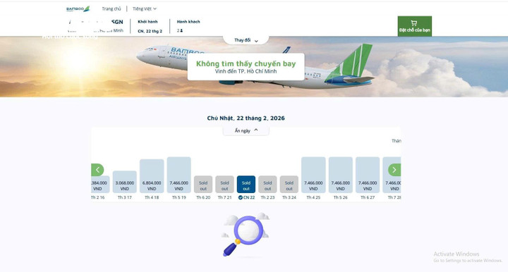 Bamboo "cháy" vé máy bay chuyến Vinh - TP.HCM mùng 6 Tết 2026. (Ảnh chụp màn hình)