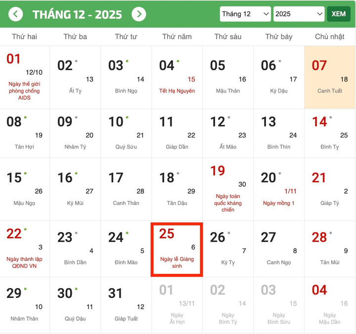 Lễ Giáng sinh năm 2025 rơi vào thứ Năm.