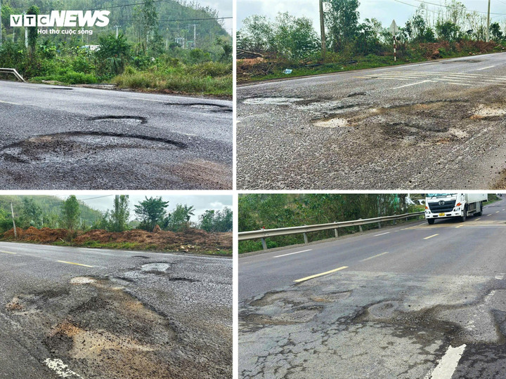 Mặt đường hư hỏng sau mưa lũ kéo dài.