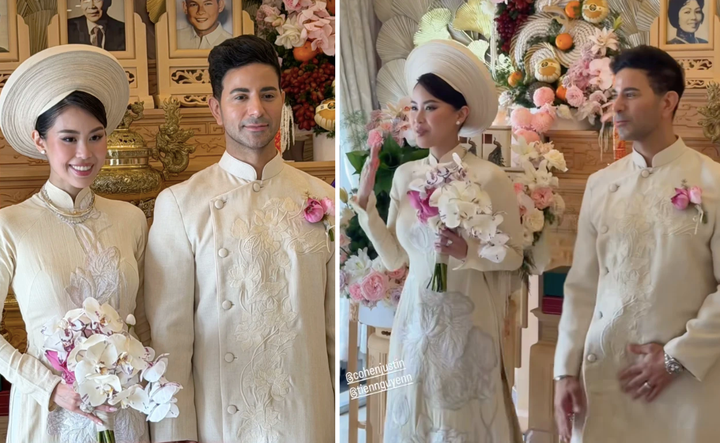 Cô dâu và chú rể rạng rỡ trong ngày cưới.